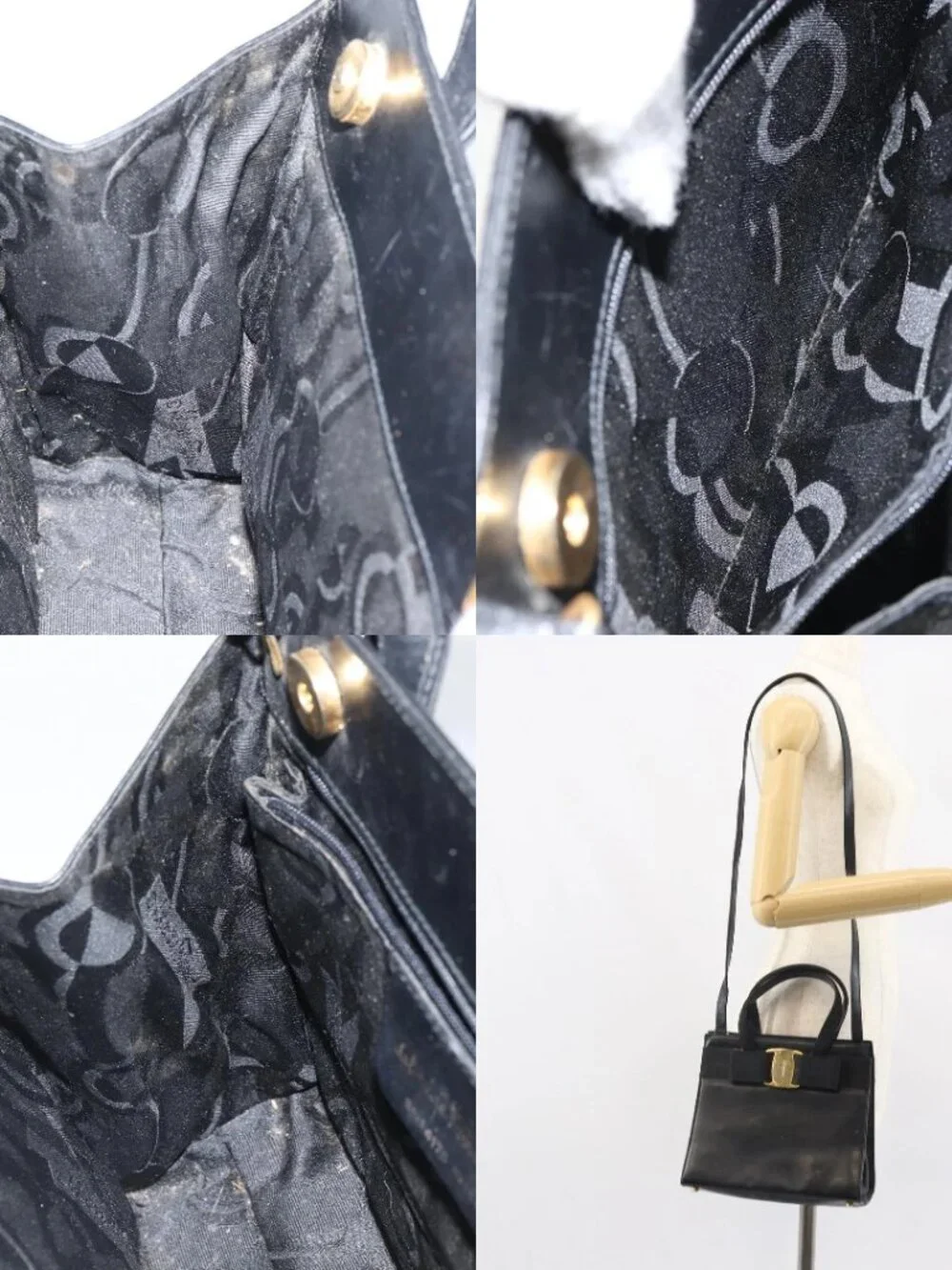 Salvatore Ferragamo Vala Hand Bag Leather 2way Black Gold Auth 161693